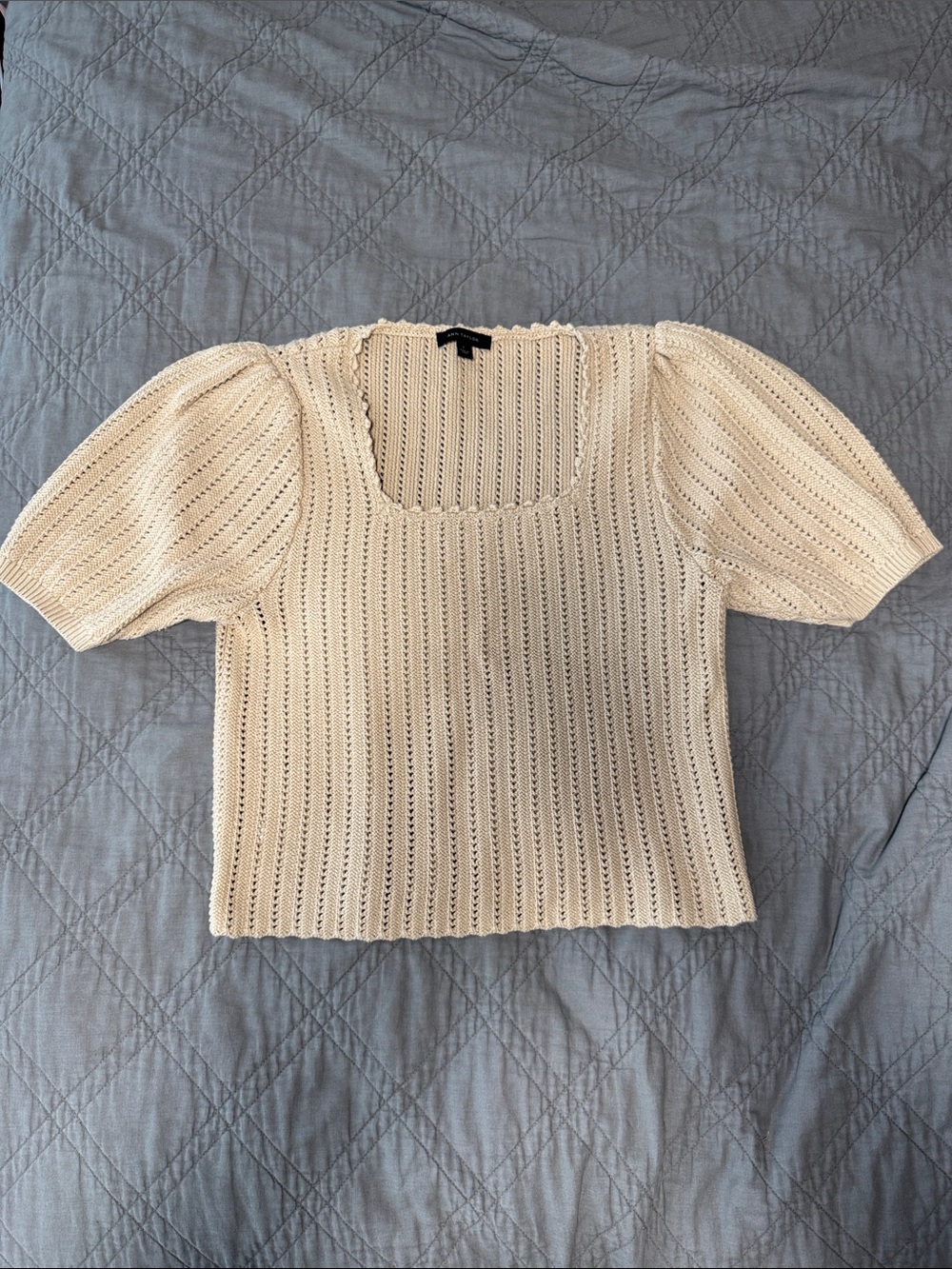 Ann Taylor Cream Openwork Square-Neck Puff Sleeve Sweater